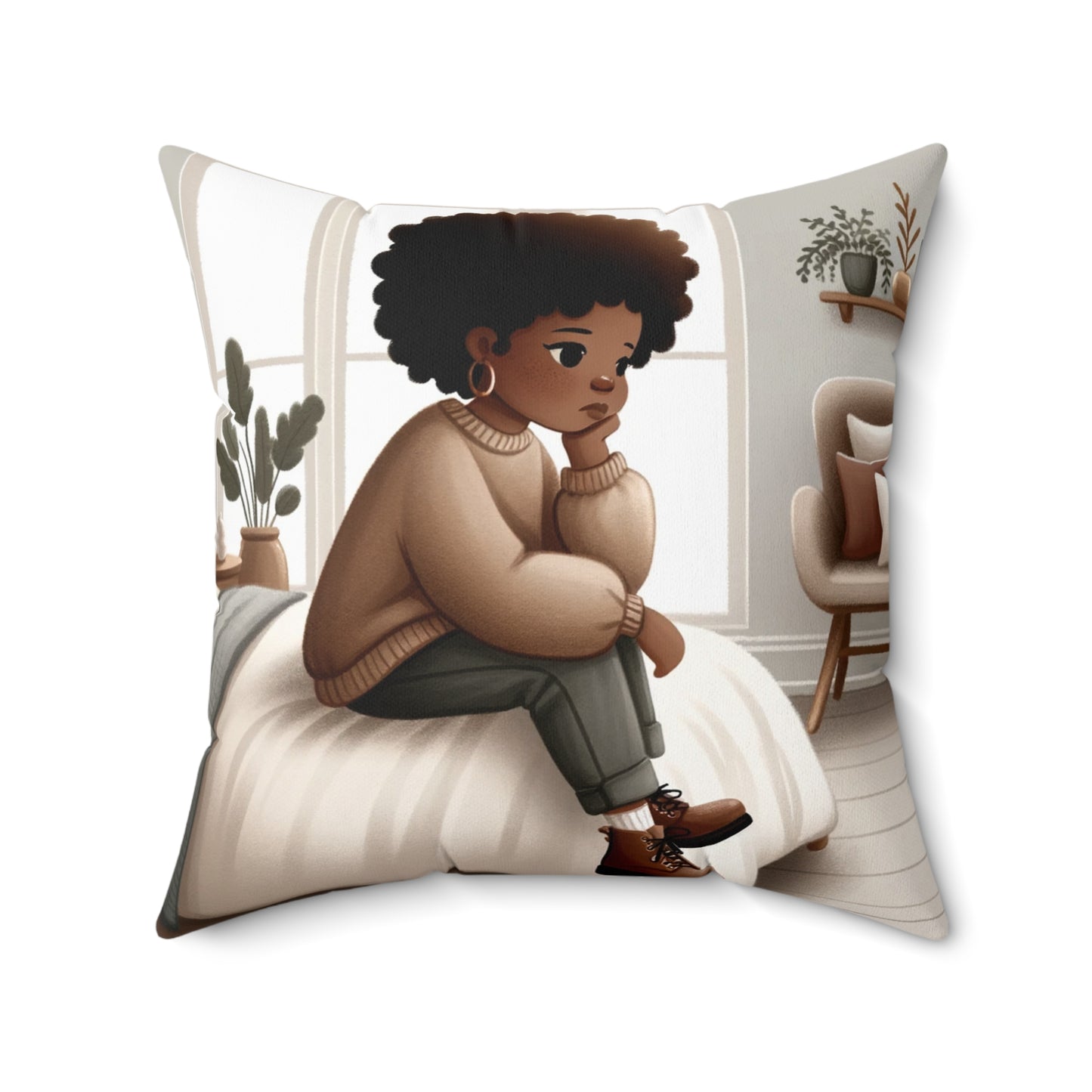 Thoughtful Contemplation Throw Pillow - Afrocentric Art, 100% Polyester, Double-Sided Print