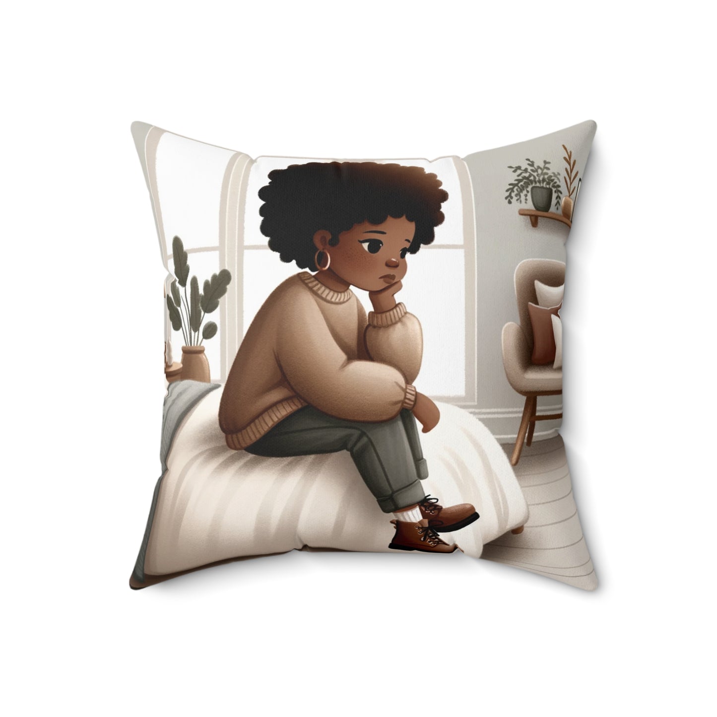  Thoughtful Contemplation Throw Pillow - Afrocentric Art, 100% Polyester, Double-Sided Print