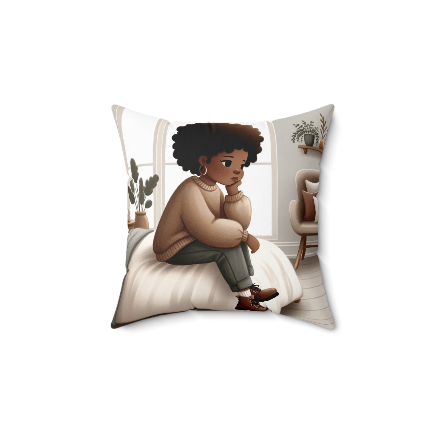 Thoughtful Contemplation Throw Pillow - Afrocentric Art, 100% Polyester, Double-Sided Print