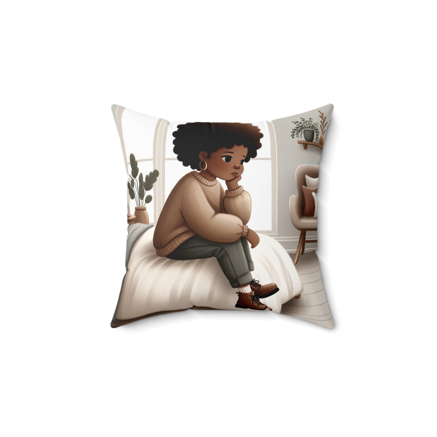 Thoughtful Contemplation Throw Pillow - Afrocentric Art, 100% Polyester, Double-Sided Print