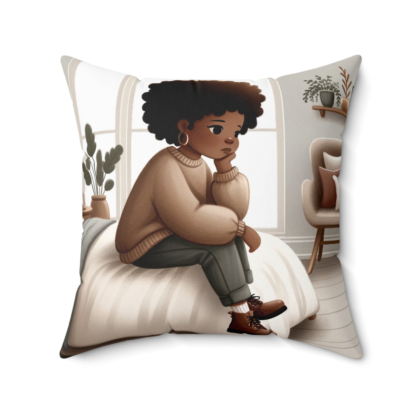 Thoughtful Contemplation Throw Pillow - Afrocentric Art, 100% Polyester, Double-Sided Print