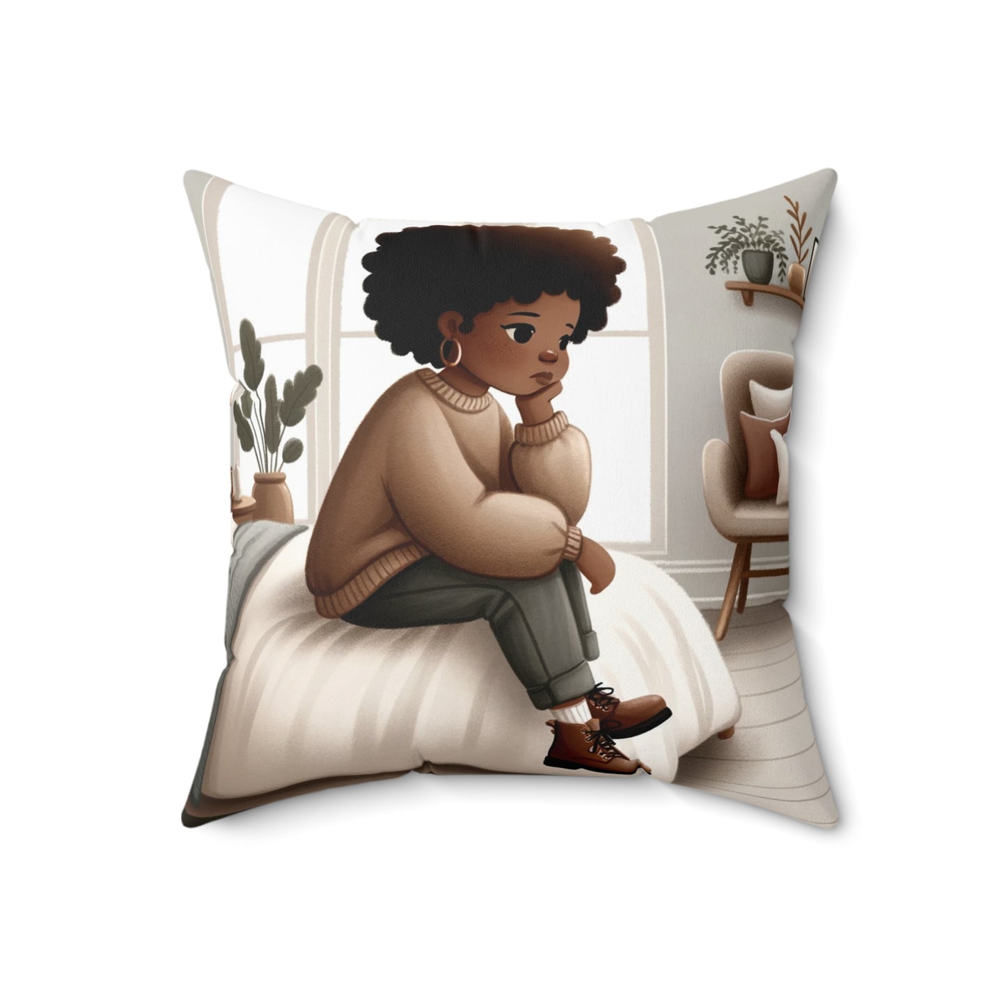 Thoughtful Contemplation Throw Pillow - Afrocentric Art, 100% Polyester, Double-Sided Print