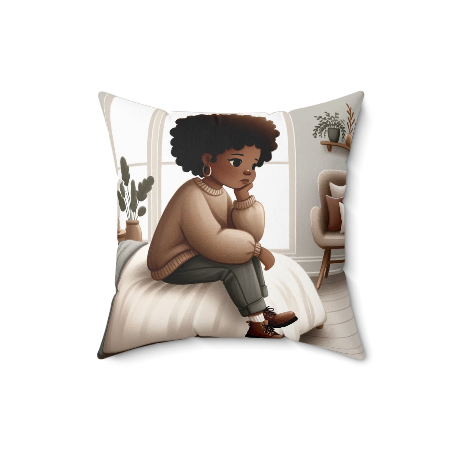 Thoughtful Contemplation Throw Pillow - Afrocentric Art, 100% Polyester, Double-Sided Print